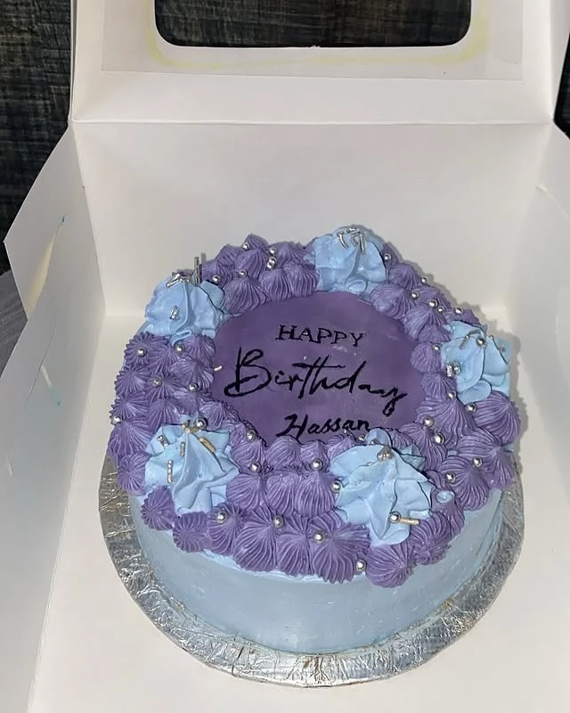Blueberry birthday cake for Hassan with beautiful design and celebration decorations - Fruit Cakes Karachi By Whisk And Sift